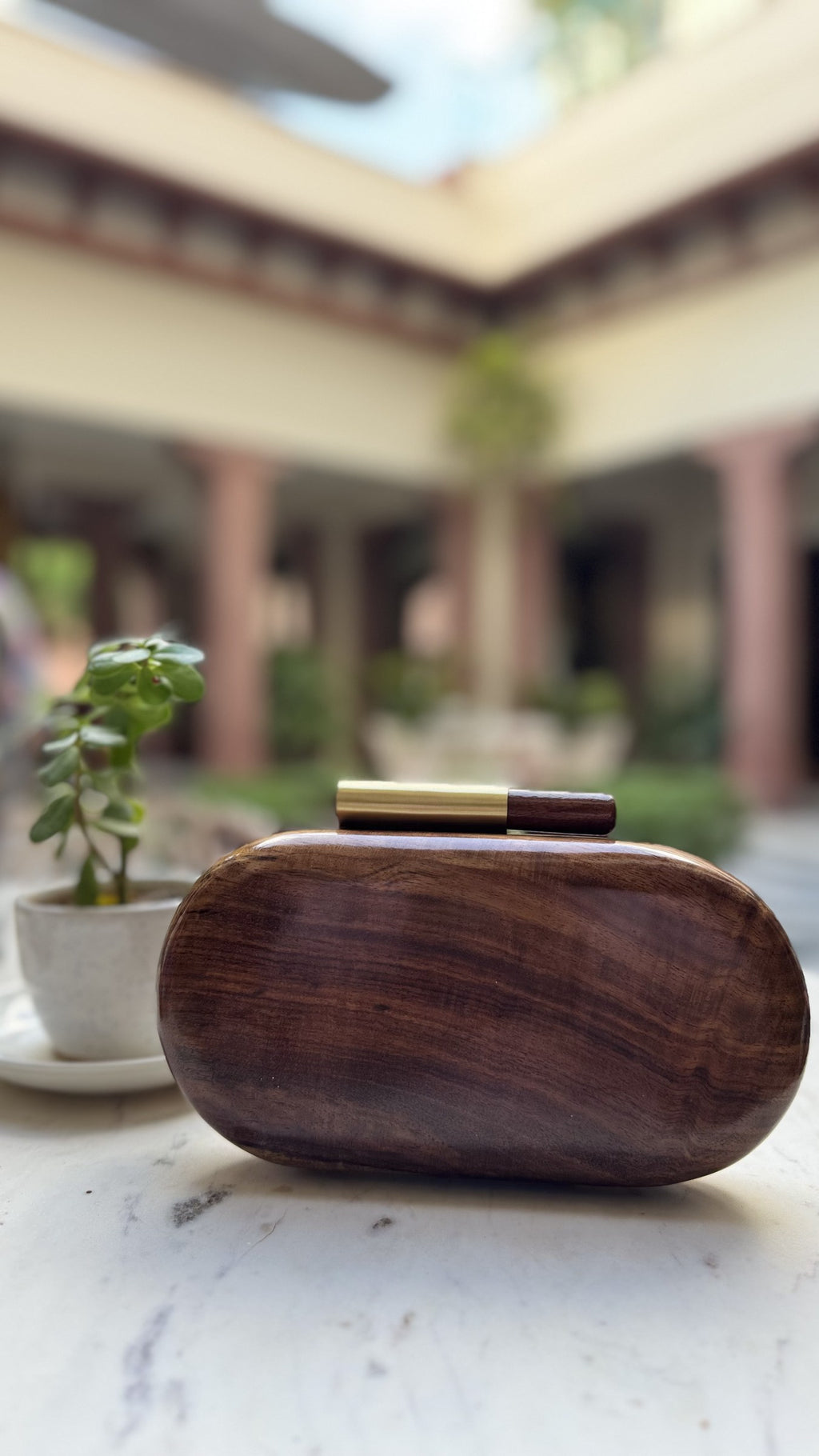 Capsule Wooden clutch displaying its natural sheesham wood grain, rounded oval profile, and brass frame lock.