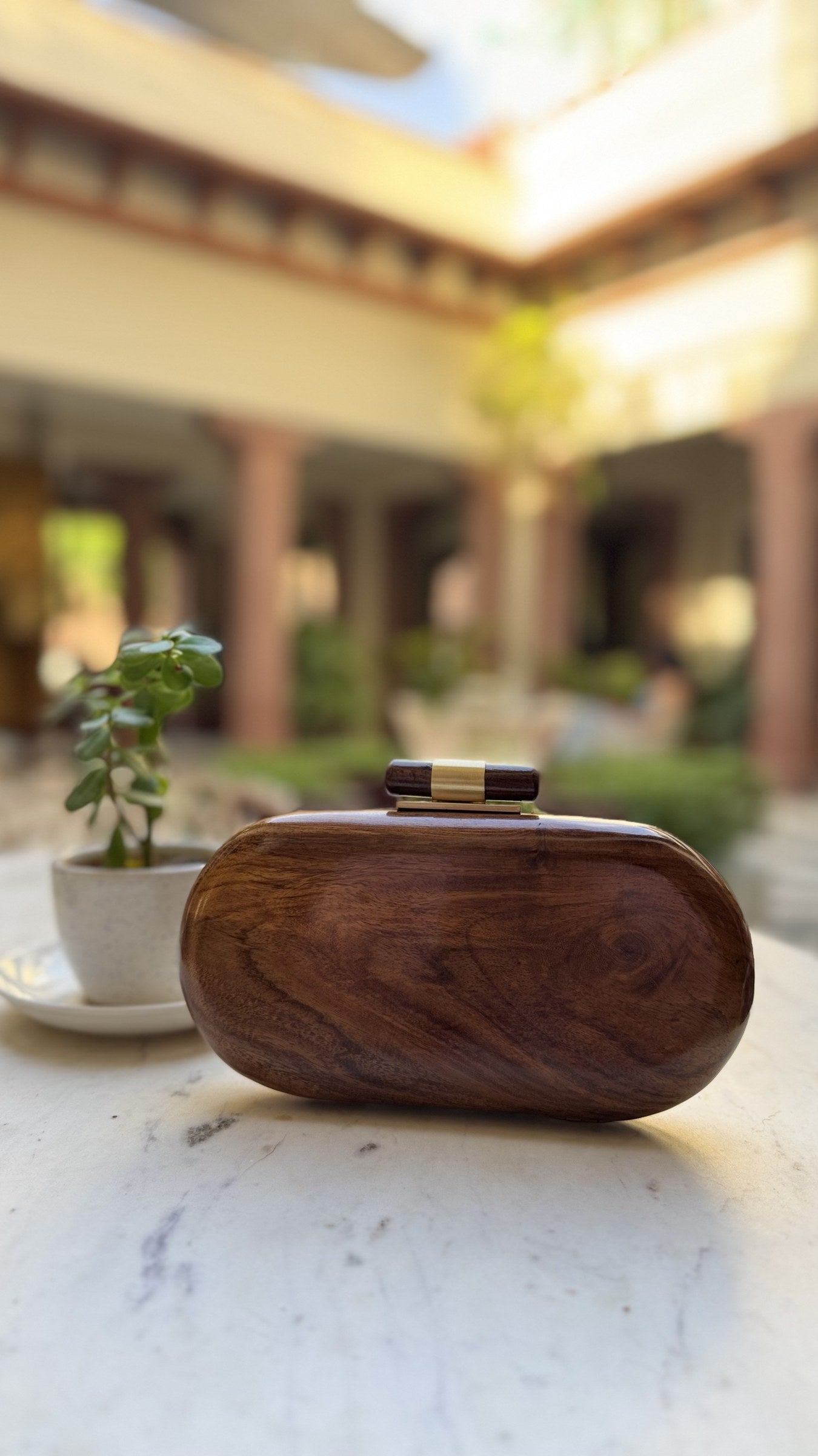 Angle view showcasing the high-polish brass side hinges and frame lock mechanism.