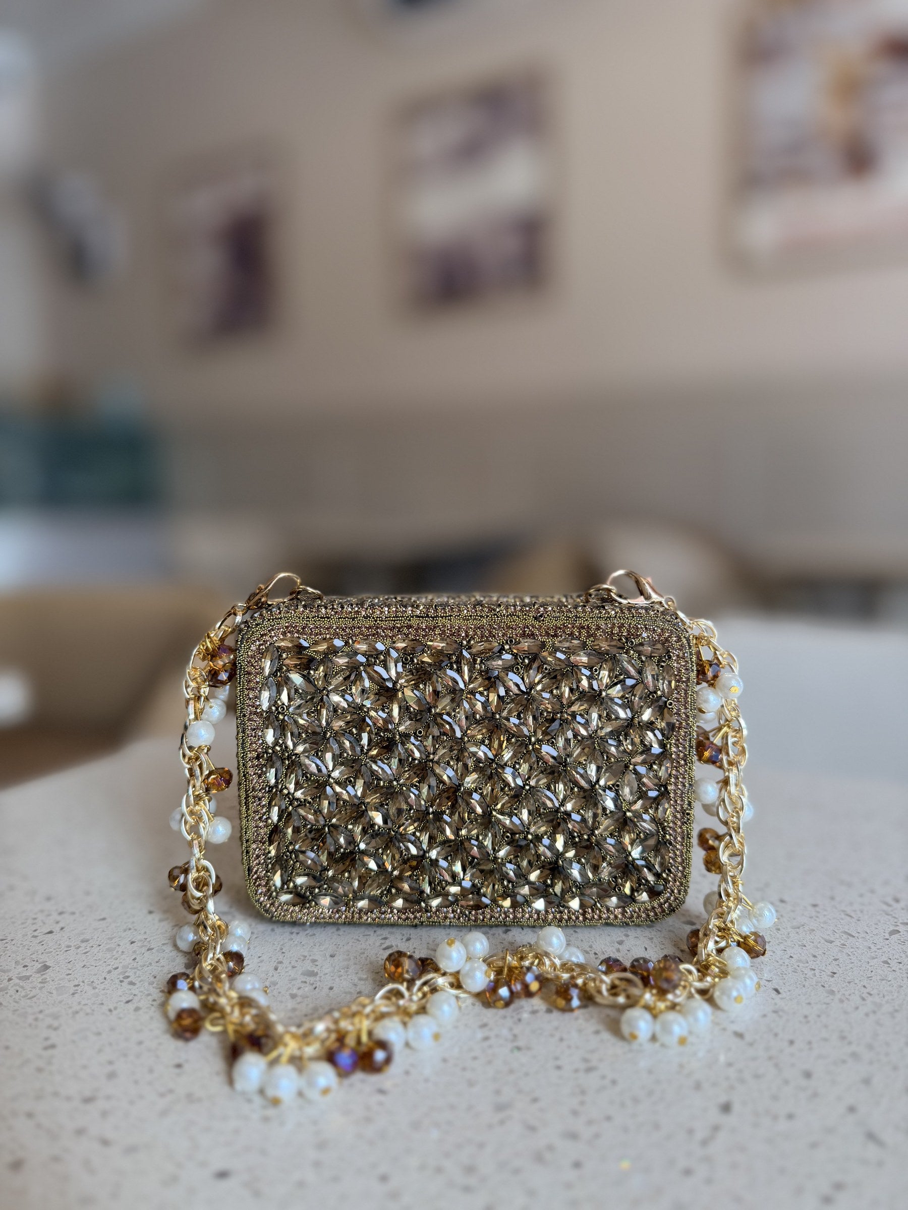 Front view of the Champagne Crush mini bag, highlighting its compact 4x4 inch square shape.