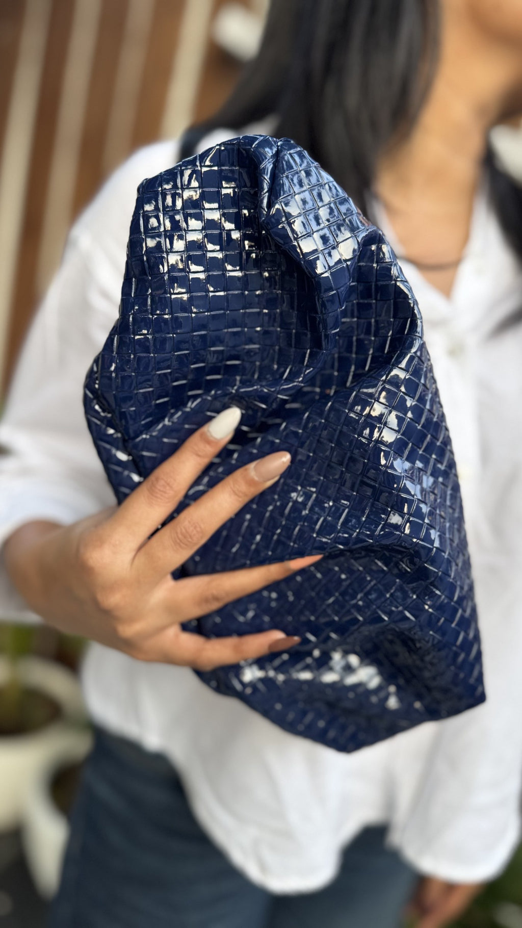 Side profile view of the bag showing its soft depth.