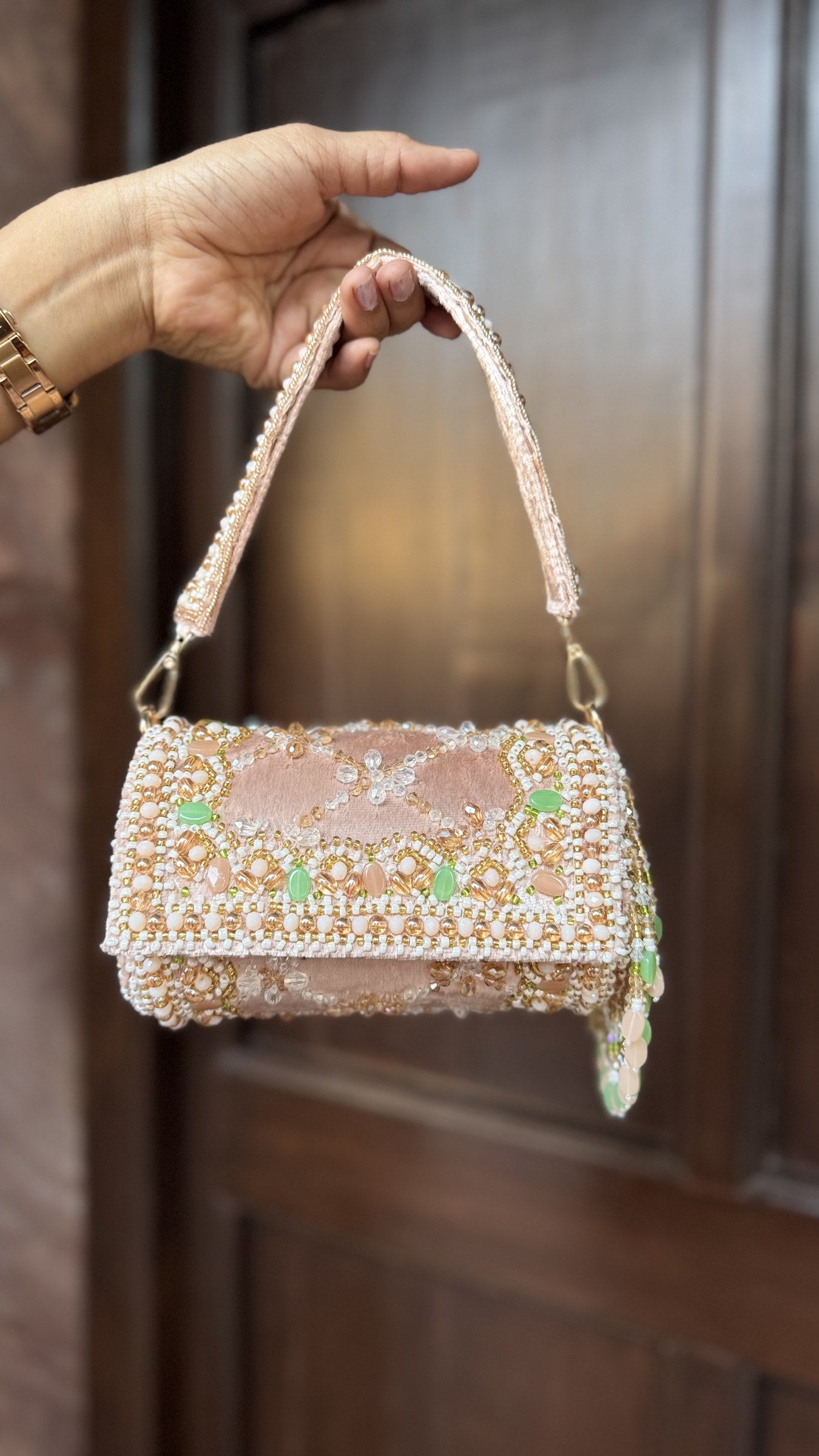Close-up of the jadau-inspired stone and bead setting, highlighting the artisanal precision.