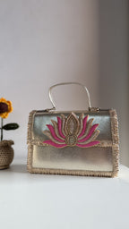 Rear view of the Lotus Treasure clutch, showing the clean color fabric on the back.
