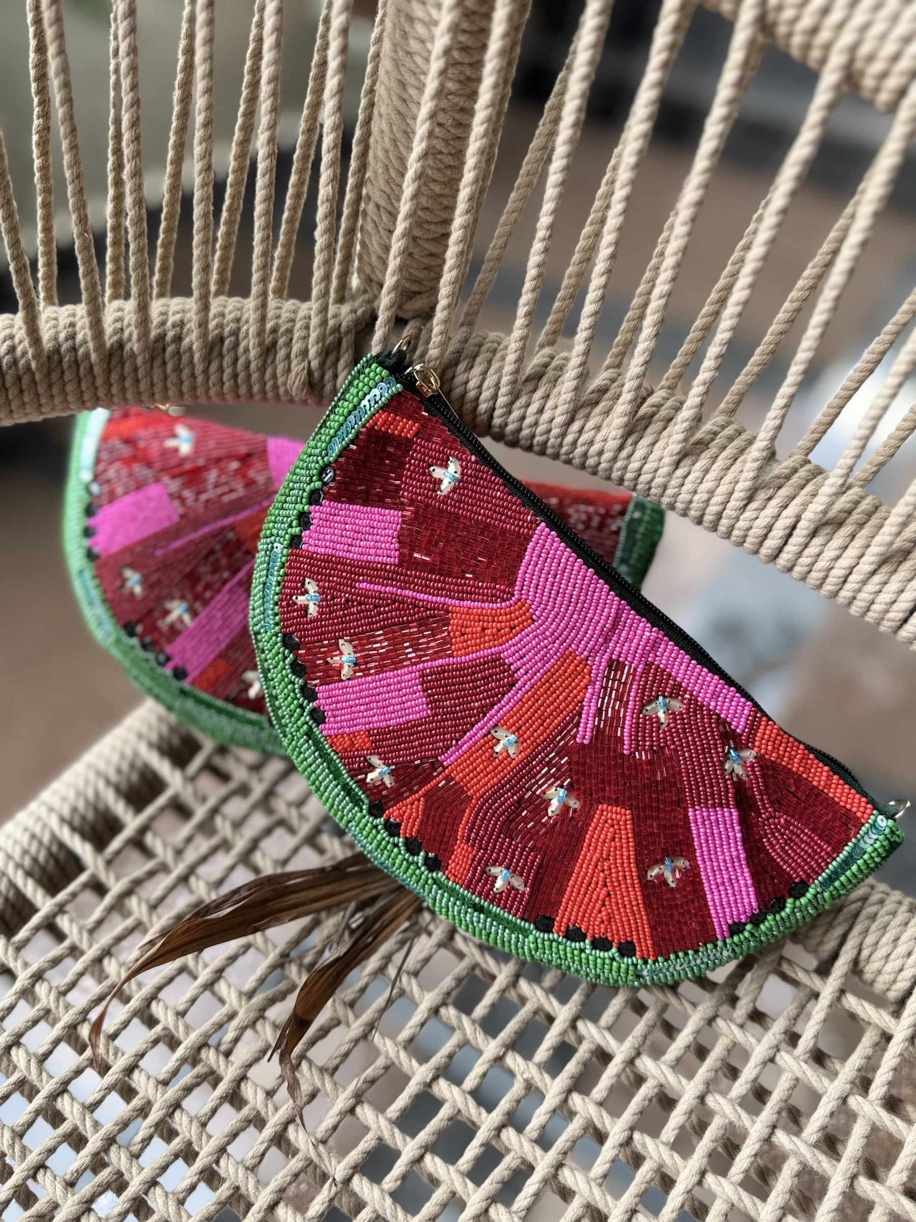 Close-up of the textured green border and red center fabric.