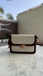 Front view of the Mocha Sling, showing the contrast between cream jute canvas and mocha-brown PU leather.