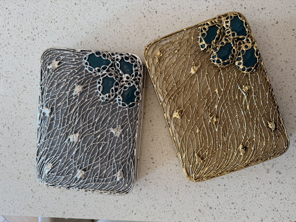 Rear view of the Molten Luxe clutch, illustrating the consistent stone work on the back.