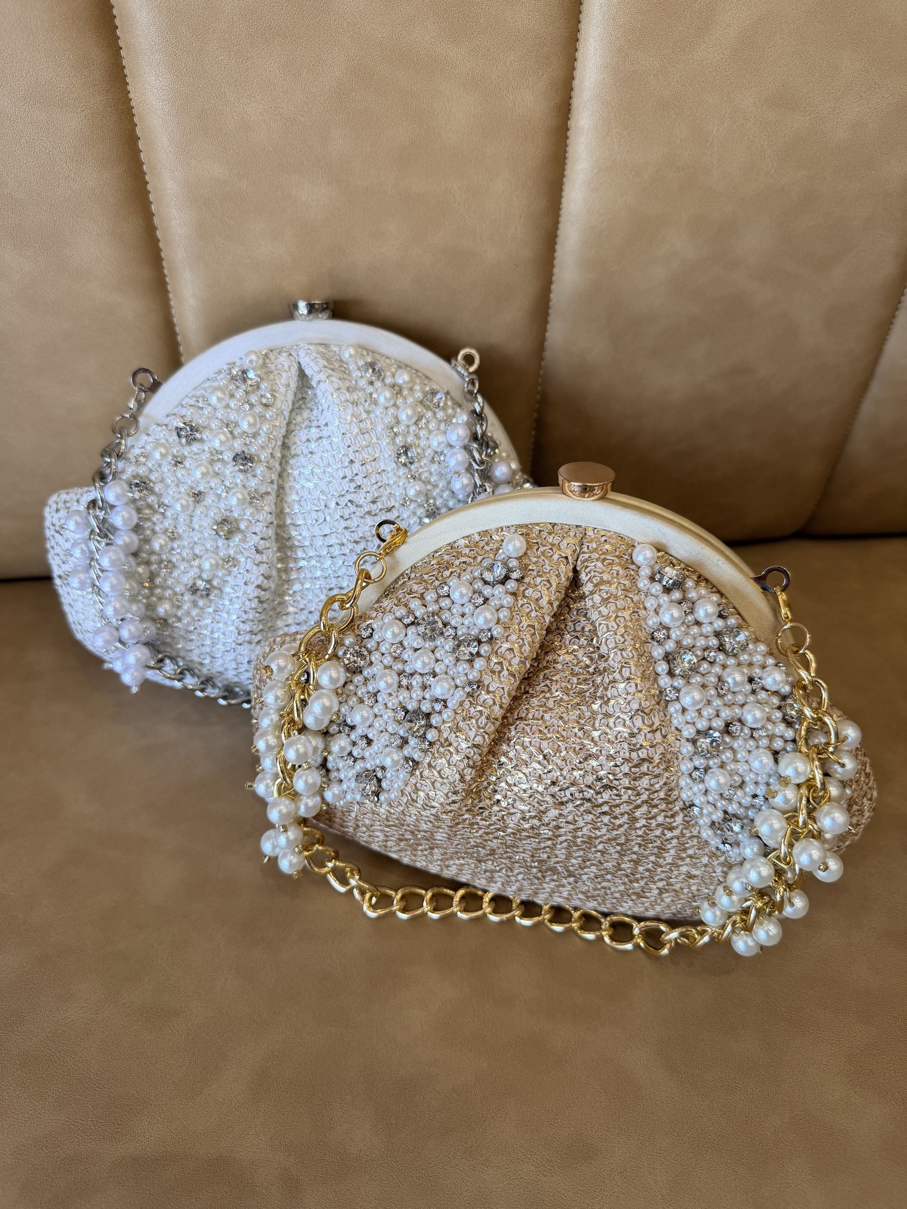 Front view of the Sands & Pearls Bag showing its woven jute fabric and hand-applied pearls.