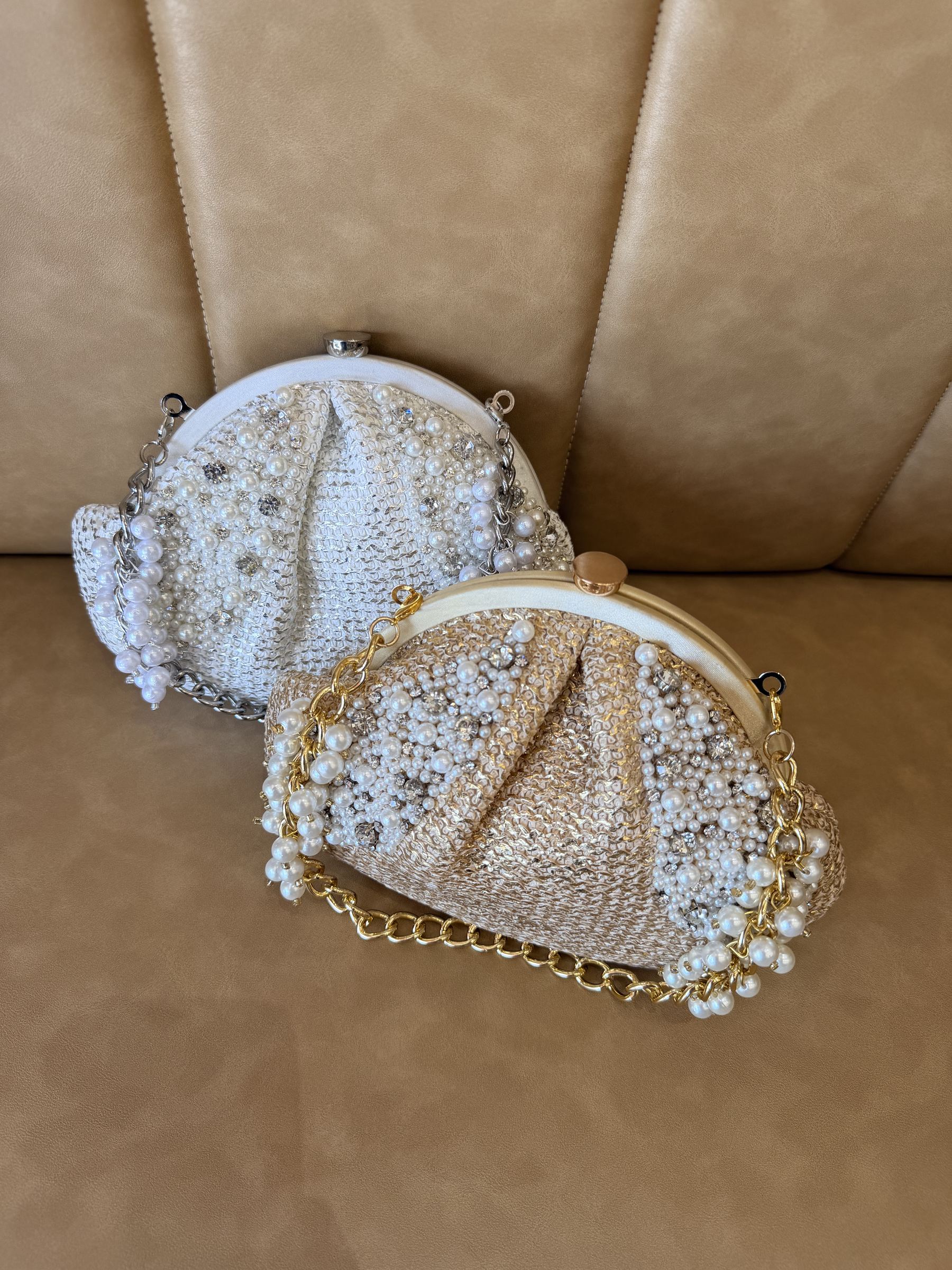 Close-up of the natural jute texture and precise pearl embroidery.
