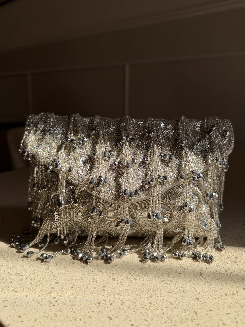 Front view of the Starlace bag, showing the details of the starlike lace pattern.